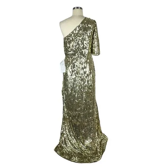 MAC DUGGAL 93540 One Shoulder Flutter Sleeve Gold Sequin Gown Women's Size 10 - Picture 4 of 9